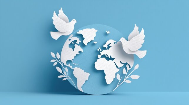 Minimal paper-cut illustration of Earth globe with flying doves and olive branches on blue background symbolizing world peace and unity perfect for International Day of Peace