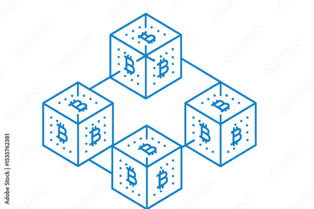 Poster interconnected cubes containing bitcoin symbols represent a growing blockchain network, fostering tr