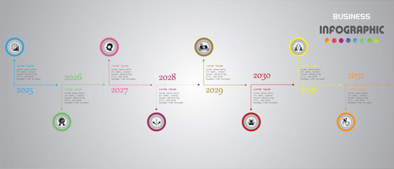 Horizontal business timeline infographic with colorful yearly milestones and icons, perfect for presenting data, progress, events, or strategic planning in a modern layout.