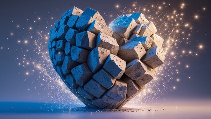 Block Heart with Sparkling Dust: Digital Art Symbolizing Strong and Glittering Love.