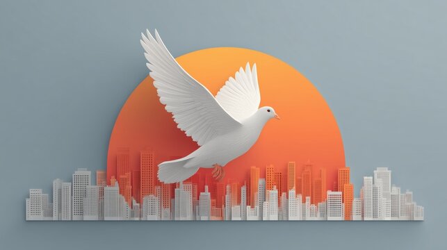 Minimal illustration of white dove flying over city skyline against warm orange sunset perfect for International Day of Peace campaigns, modern urban posters and awareness visuals - Powered by Adobe