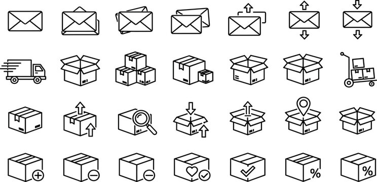 Parcel icon set, adjustable line weight delivery, shipping, shipment, package, logistics, package icons, cargo vector design, outline, linear, stroke service, crate, van, element, post, delivery.