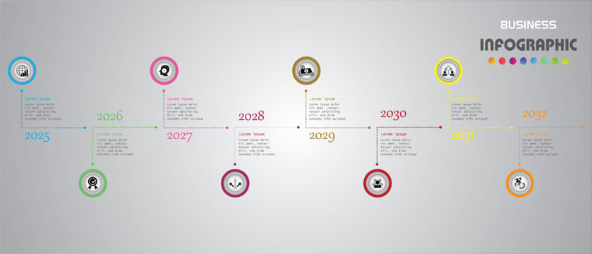 Horizontal business timeline infographic with colorful yearly milestones and icons, perfect for presenting data, progress, events, or strategic planning in a modern layout.