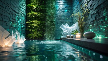 Tranquil Spa Pool with Lush Green Wall, Waterfall, Floating Candles, and Stone Accents