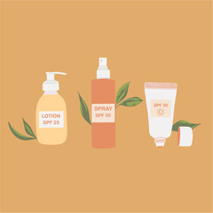 Collection of sunscreen creams. Sun protection. Bottles and lotions with SPF labels for summer, beach. Hand drawn vector illustration
