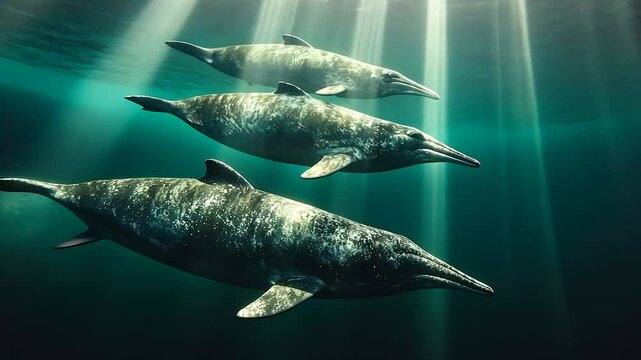 Three dolphins swimming underwater, sunbeams illuminating them from above, dark teal water background, speckled pattern on dolphins