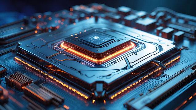 High tech computer central processing unit with integrated circuits and glowing lights on surface.