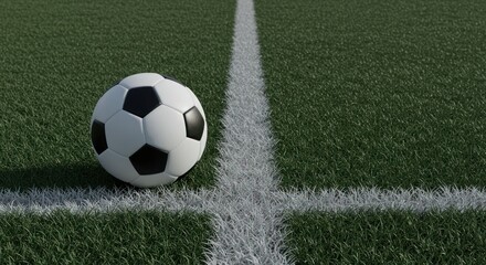 A soccer ball rests on a green grassy field intersected by white lines