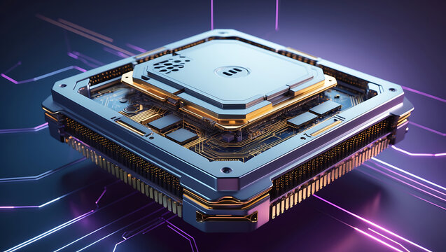 High tech detailed rendering of a futuristic cpu semiconductor processing unit