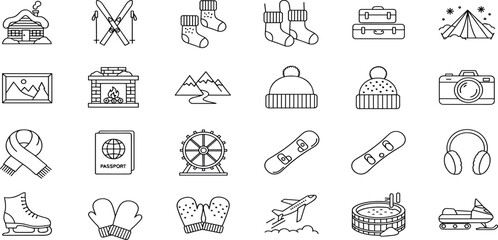Winter Vacation Vector Icon Set Adjustable Line Weight Cabin, skis, snow, hat, mittens, scarf, fireplace, mountain, lodge, socks, camera, sled, travel icons