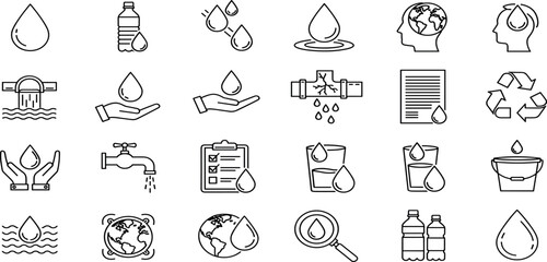 Water Vector Icon Set Adjustable Line Weight Tap, droplet, bottle, recycle, earth, leak, clean, drink, hygiene, plumbing, filtration, report, save icons