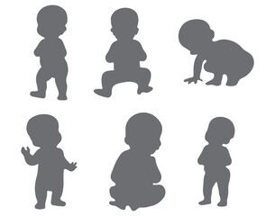 Vector illustration of baby silhouette in crawling and sitting positions, toddler movement poses, black infant figures collection for child development design