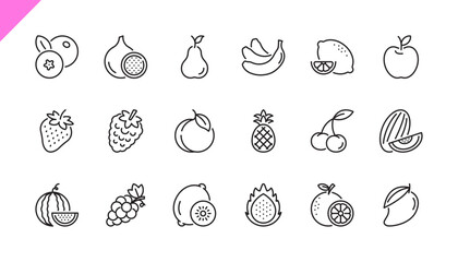 Fruits and Berries icon set. Blueberry, fig, pear, banana, apple, strawberry, peach, pineapple, cherry, watermelon, grape, orange sign, symbol. Healthy food. Editable stroke. Vector illustration.