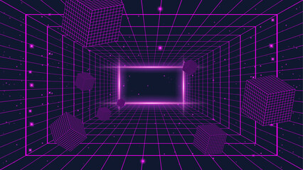 Retro 80s and 90s vaporwave grid line background vector design. Colorful 90s style grid line background with aesthetic glowing laser lines.