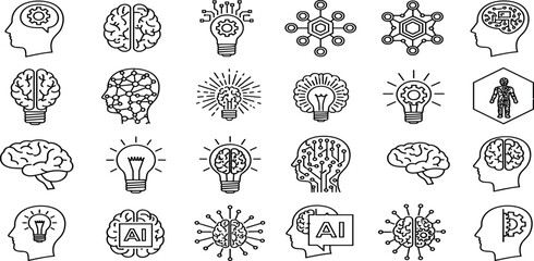 Mind And Thinking Vector Set – Brain, Lightbulb, Gears, AI, Neural Connections, Innovation, Creativity, Problem Solving, Machine Learning, Thinking, Technology, Intelligence