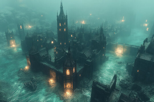 A foggy dark medieval city with glowing lights and gothic towers surrounded by eerie green water