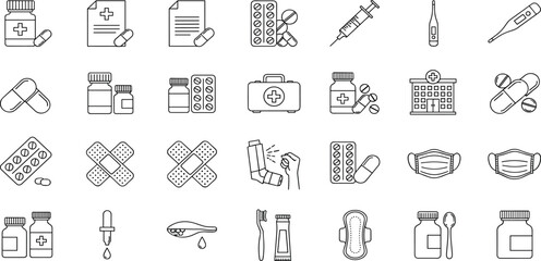 Obraz premium Pharmacy Vector Icon Set Adjustable Line Weight Pills, medicine, drugs, prescription, pharmacy, capsules, health, first aid, treatment, dose, bottle, mask, pharmacy shop, syringe icons