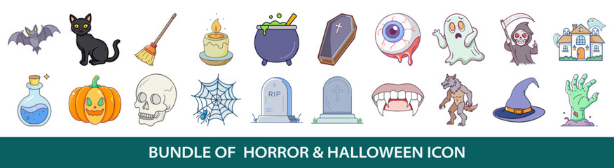 Pack of twenty horror and Halloween colorful icons cartoon style illustration