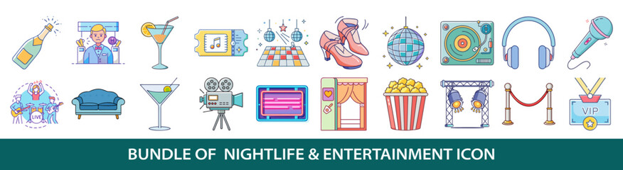 Nightlife and Entertainment Icons Vector Set of 20 Colorful Illustrations