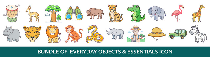 Collection of twenty colorful wildlife and safari themed vector icons illustration