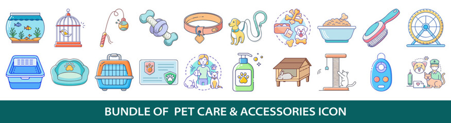 Collection of twenty colorful pet care and pet accessories vector line icons