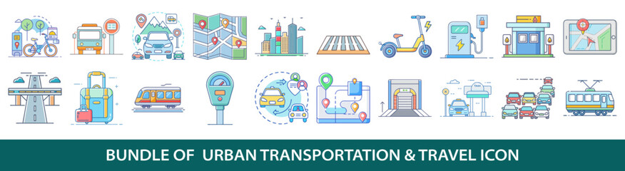 Pack of twenty urban transportation and travel colorful line style vector icons