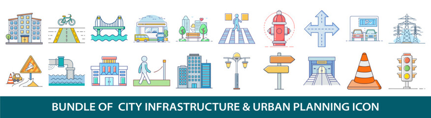 Pack of 20 City Infrastructure and Urban Planning Colorful Icon Set Design © MdGolamRabby