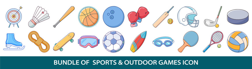 Collection of twenty sports and outdoor game cartoon style colorful icons vector