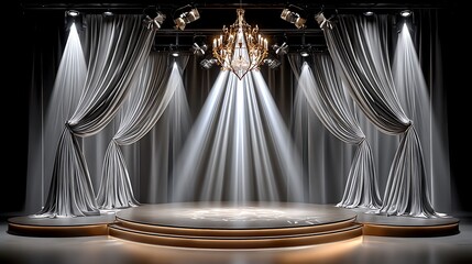 Opulent Stage with Silver Curtains and Glimmering Chandelier, Evoking Elegance and Performance Artistry in a Theatrical Ambience with Illuminating Spotlight