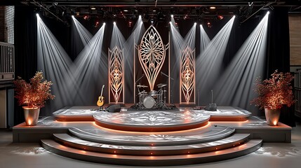 Illuminated Stage with Musical Instruments and Decorative Panels Creating an Atmosphere of Artistic Performance Excellence