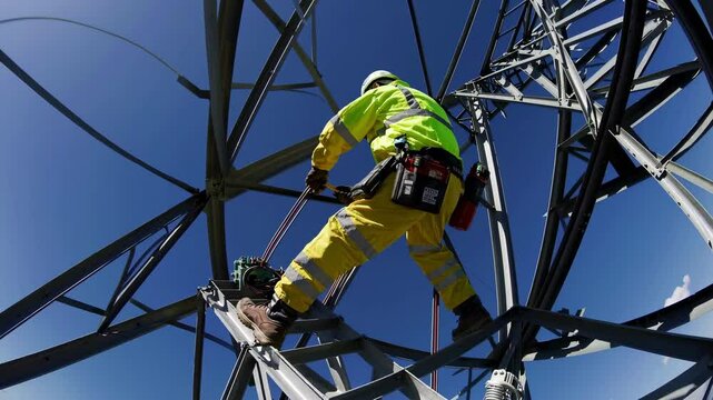 Electrical worker climbing high voltage tower