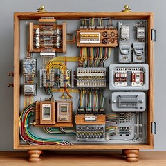 Intricate Vintage Electrical Panel Displaying a Complex Web of Wiring and Components Skillfully Arranged Inside a Wooden Frame