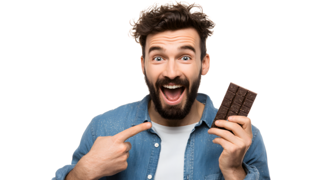 A nice photo of a young bearded man smiling excitedly and holding a chocolate bar, pointing at it 