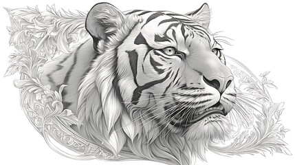 Majestic Tiger Portrait Ornate Floral Frame Exquisite Detailed Line Art Intricate Design Striking Wildlife Illustration Creative Animal Theme