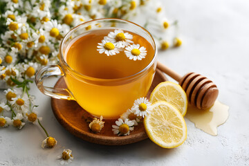 herbal tea set with dried chamomile, honey, and lemon slices on a clean white background. Healthy organic drink concept.