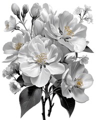 Monochromatic Floral Abundance A Detailed Still Life of Blossoming Flowers An Elegant Black and White Botanical Study