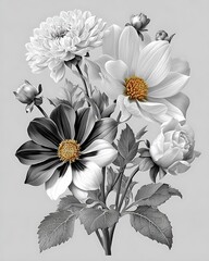 Monochromatic Floral Still Life Captivating Dahlia Chrysanthemum and Rose Blossoms in Artistic Arrangement Grayscale Elegance Botanical Art