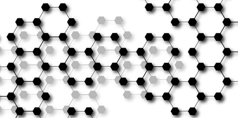 Abstract vector design with interconnected black-outlined hexagons. Honeycomb-like pattern on white and Small, solid black circular. Geometric layout with futuristic, scientific, and technological