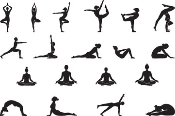 yoga silhouette poses art illustration vector isolated meditation male female fitness for beginner