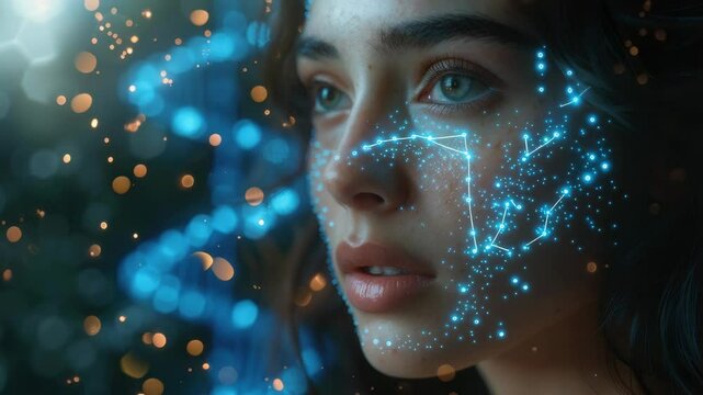 Woman face with glowing blue lines. Intriguing portrait of young woman with futuristic digital art effect.  Mysterious female face with glowing constellation pattern,