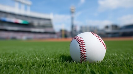 Baseball on lush green field in sunny stadium setting