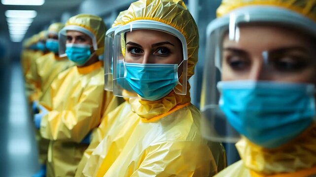 Professional women in protective yellow hazmat suits, face shields, and blue masks stand in a row, serious and focused.  Interior setting, dark background,  bright lighting on faces