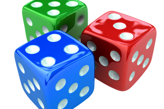 3 dice, a red one on the bottom right of the center, a green one in front, and a blue one behind it, in a clip art style, on a transparent background - Powered by Adobe