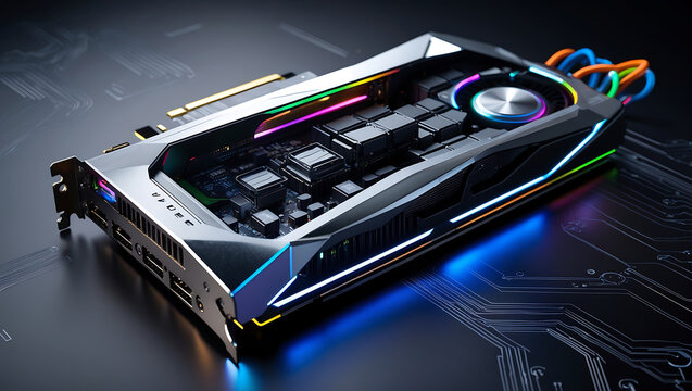 High performance modern graphics card with neon lights and intricate circuitry closeup view