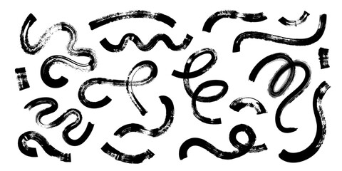 Dry ink brush stroke scribbles collection in abstract curved shapes. Grunge swirl accents with bold marker texture and dynamic movement. Vector illustration