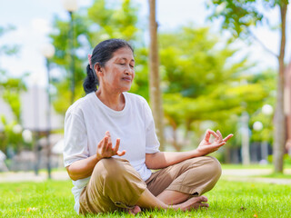 Activity senior woman medication on park in morning holiday for concept healthcare, mindfulness and...