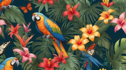 Fototapeta premium Two macaws sit among vibrant tropical flowers and lush green leaves