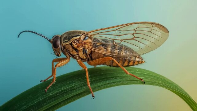 Detailed Macro graph of a Brown and Orange Planthopper on a Blade of Grass
