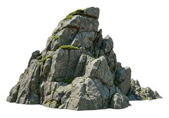 A rugged gray rock formation with patches of green moss, isolated on transparent background