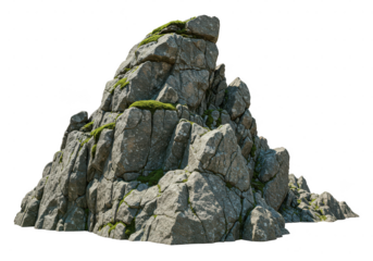 A rugged gray rock formation with patches of green moss, isolated on transparent background
